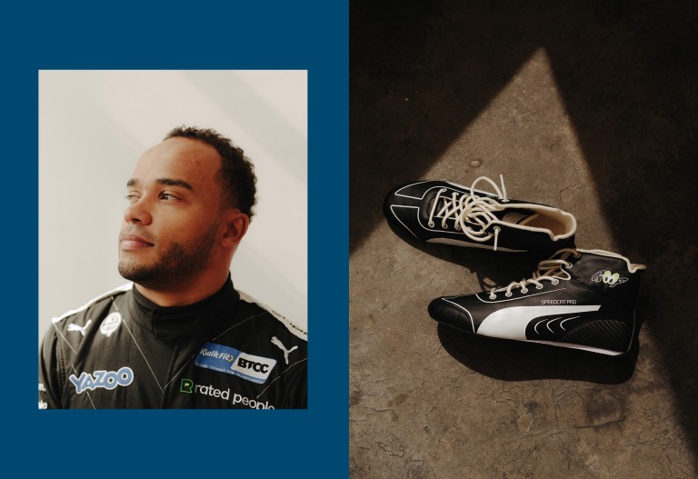 Image Nic: Side portrait of the racing driver and MINI host Nicolas Hamilton.   Image shoes: Image of a pair of racing shoes from Nicolas Hamilton. 
