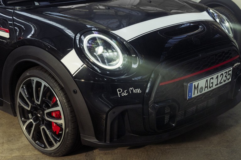 Close-up of the black John Cooper Works model. The horizontal white bonnet stripe and the expressive white signature come out very well on this model from the Pat Moss Edition.  