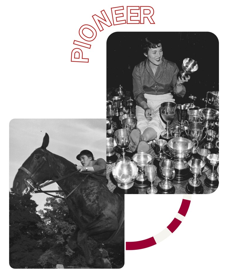 Image left: Black and white image of Pat Moss showjumping. Image right: Black and white image of Pat Moss sitting smiling on the floor. She´s surrounded by many trophies. Over the left rounded image corner the word “pioneer” is visible. Under the image (outside of it) this picture is connected with the left image through a red and white graphic element.
