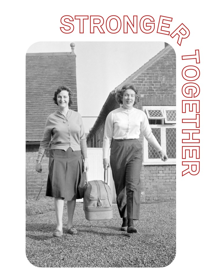 Black and white image of Ann Wisdom and Pat Moss (from left), staying side by side and carrying a travel bag somewhere outside. Above the right rounded corner of the image, “stronger together” lettering is placed. Also five symbols of tulips are placed left to the image, under the text passage.  