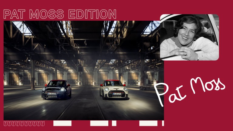 On a red background the following is placed: A collage of two John Cooper Works MINIs, one in Midnight Black and one in Pepper White; a black and white portrait of Pat Moss; tulip symbols in white, with a beige contrast stripe; and a white signature of Pat Moss and a “Pat Moss Edition” lettering. 
