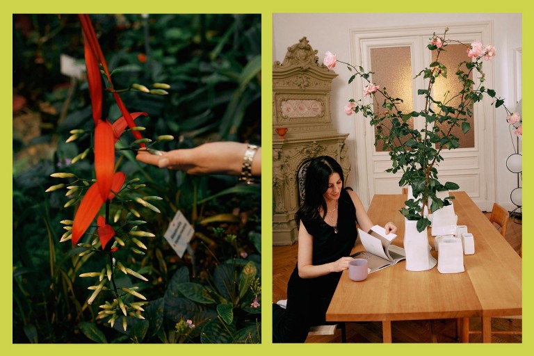 Left: Detail shot of a hand touching a flower; right: Ruby sitting at her dining room table and is flipping through a magazine. 