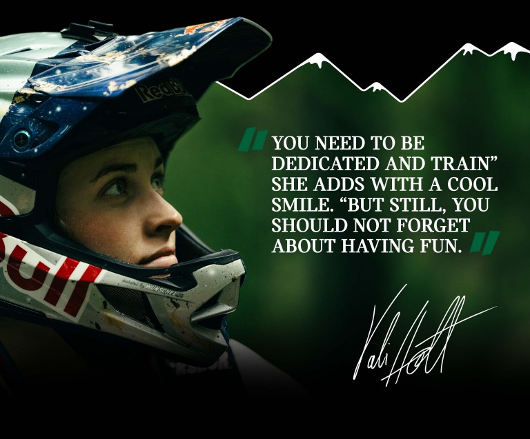 Headshot of Vali Höll looking into the distance and wearing a helmet in tones of red, white, and blue. Pull quote on the image: “You need to be dedicated and train” she adds with a cool smile. “But still, you should not forget about having fun.” and Vali Höll’s signature.