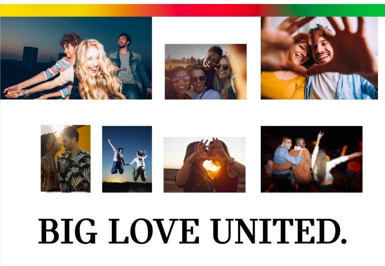 A collage of seven small images showing different people. All of them having fun, presenting MINI’s motto BIG LOVE UNITED.  
