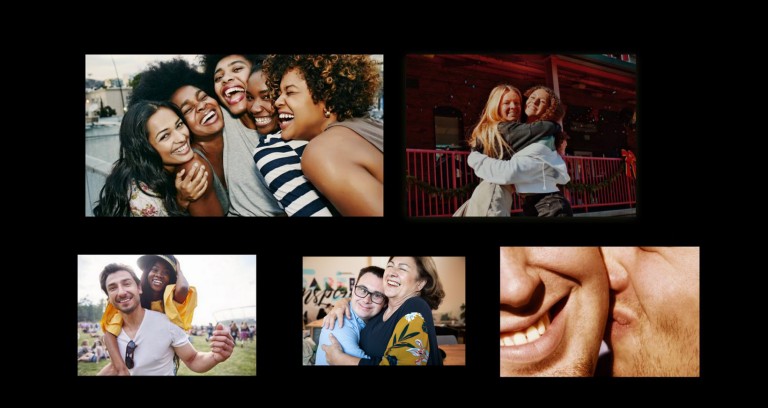 Four small images showing happy people. They present MINI’s claim “We’re all different but we’re pretty good together”.  