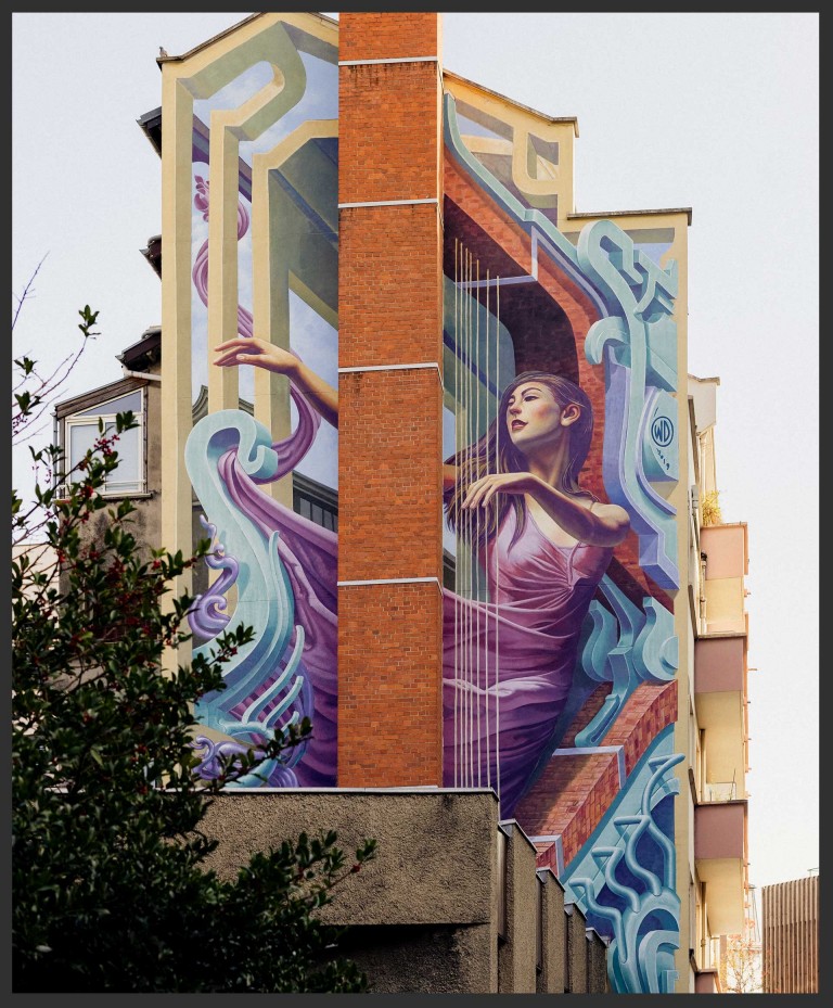 “Girl Behind the Chimney” wall painting by Wild Drawing, 2019. Grenoble, France. 