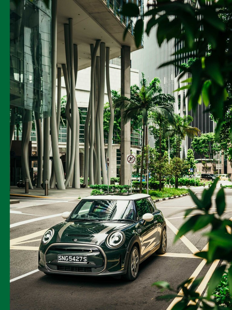 The MINI Cooper SE on the road in Singapore.