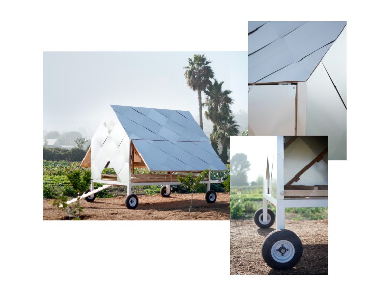 3 images of the automated and mobile Chicken Caravan designed by Designers on Holiday for The Ecology Center, San Juan Capistrano. The automated coop, let’s hens out in the morning, protects them with an automated fence and, moves to new locations when necessary.