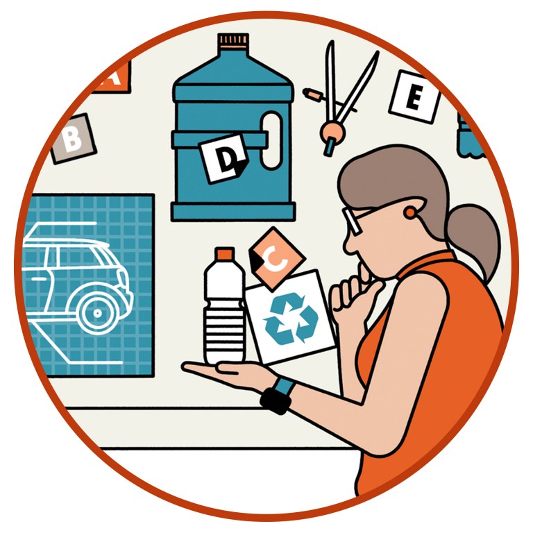 Illustration that shows a MINI interior designer with a PET bottle in the hand that stands for the fact that MINI also promote the re-use of plastics. 