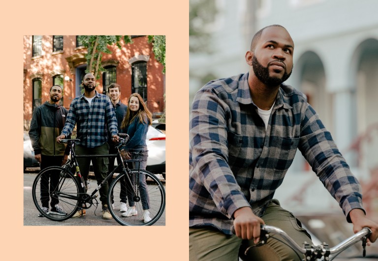 Two images featuring Shabazz Stuart, founder of the startup Oonee, that creates theft-proof spaces for e-bikes and scooters in New York.