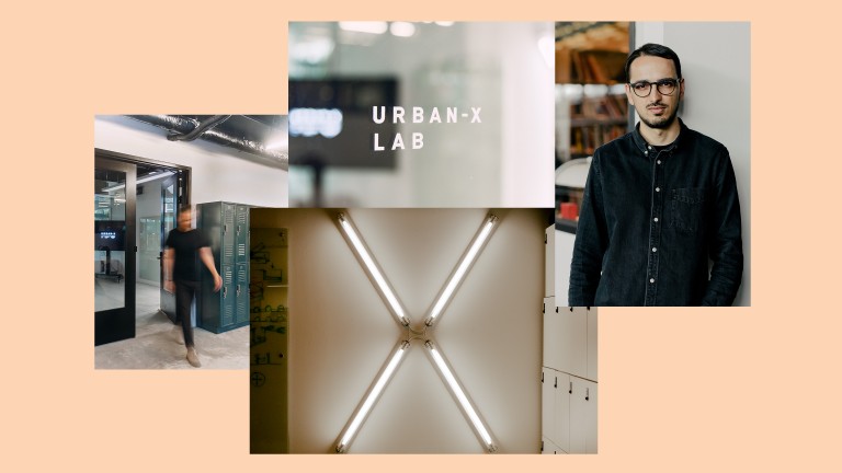 A collage featuring URBAN-X Design Director Johan Schwind, and images of the URBAN-X offices.