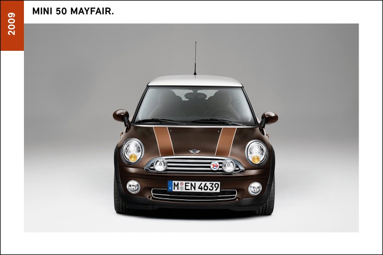 Celebrating our 50th anniversary in 2009, the sporty Mini 50 Mayfair came in brown with a white roof, chrome trims, anthracite wheel arches, and special badges.