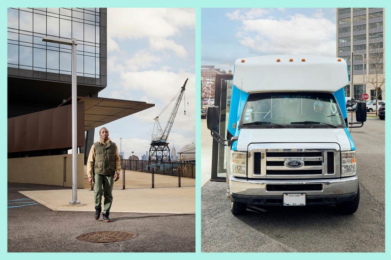Left image: Image of Dollaride co-founder Su Sanni, former participant of URBAN-X, at the Brooklyn Navy Yard in New York City. Right image: Close-up from the front view of a Dollaride van on the streets of New York, City. 
