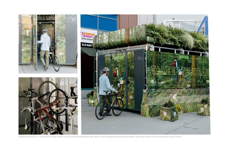 Image of a cyclist opening the door of an Oonee pod.  Image of bikes parked in the Oonee pod.  Image of a cyclist who is just about park his bike into an Oonee pod. 