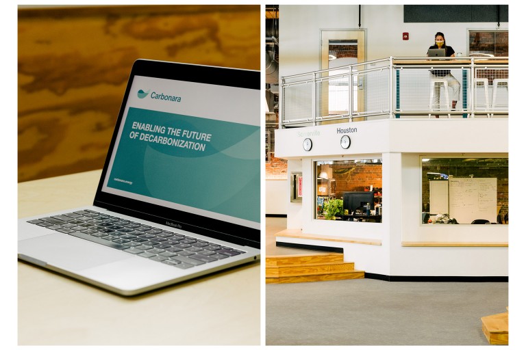 Left image: Image of an open laptop, with the “Carbonara” page of the Singularity homepage.  Right image: Picture of the inside of Greentown Labs in Sommerville, Massachusetts, USA.